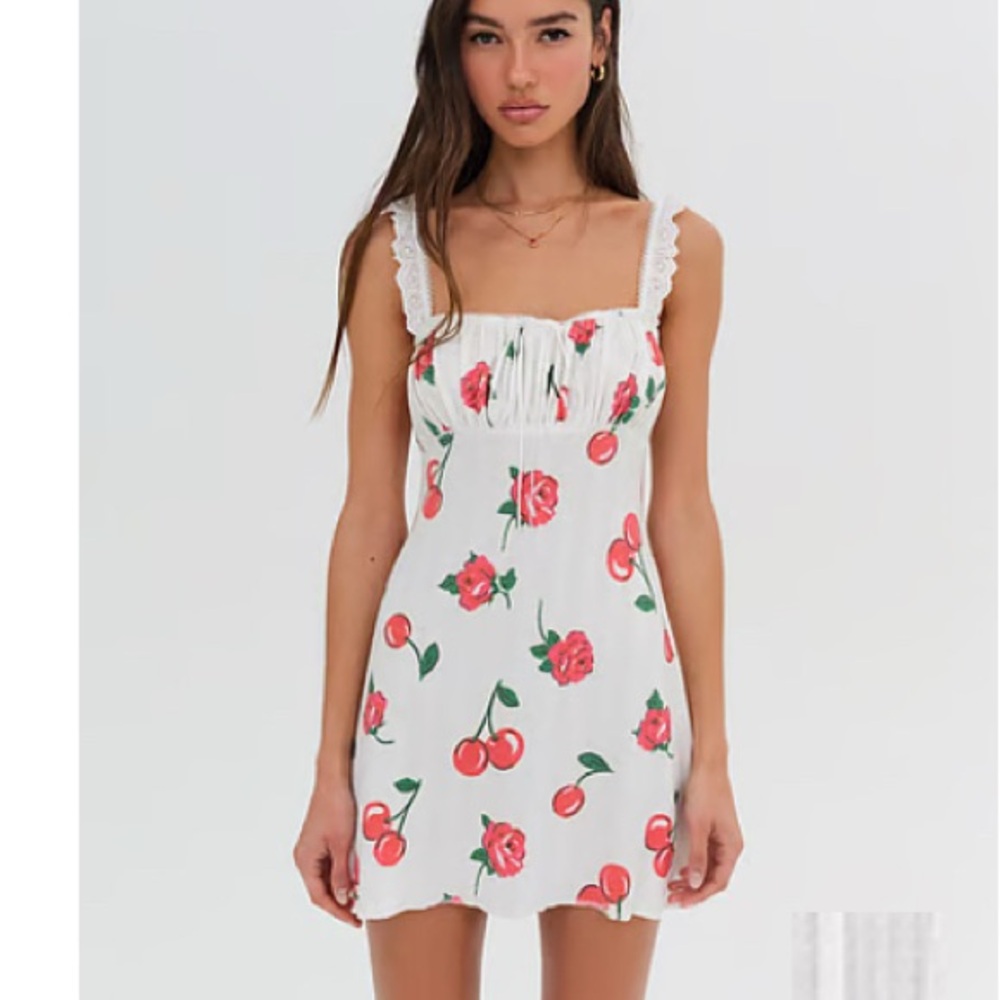 For Love And Lemons White Dress with Cherry and Floral Print